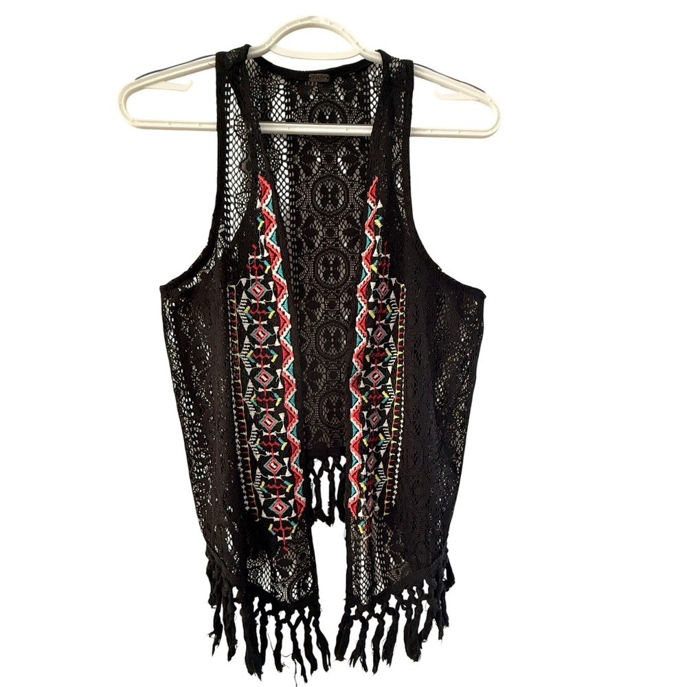 Poof Womens Black Crochet Lace Embroidered Festival Fringe Vest Large 120082